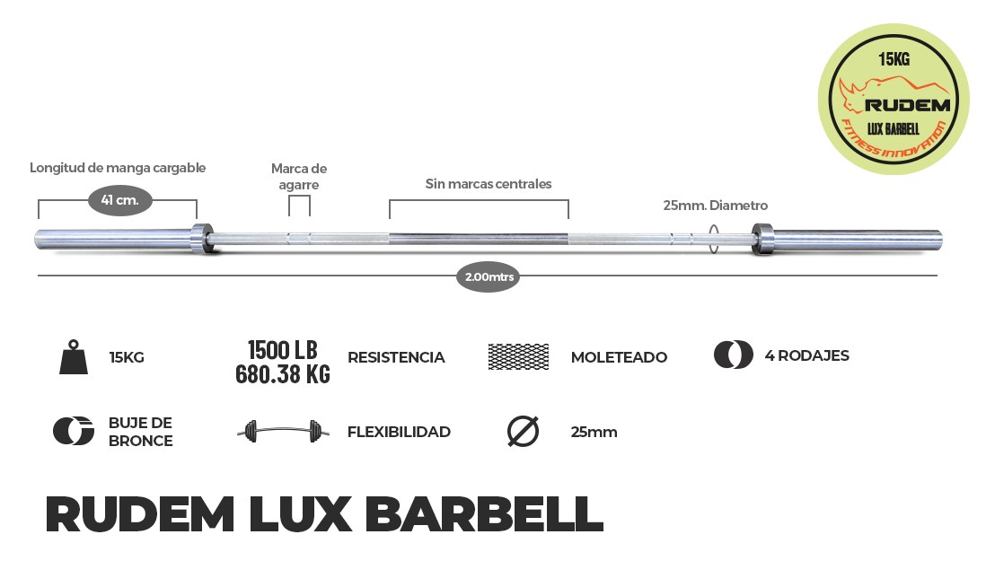 RUDEM LUX BARBELL 15KG 4 rodajes